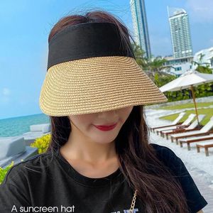 Wide Brim Hats Summer Empty Top Sunhat Portable Fashion Foldable Magic Tape Roll-up Beach Hat Women Sun Casual Straw Cap Visors