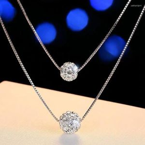 Anhänger 925 Sterling Silber Doppelschicht Glänzender Zirkonia Kristall Glück Strass Kugel Anhänger Halskette Für Frauen Geschenk Collare De Prata