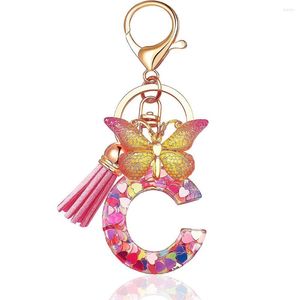 Keychains Initial Letter Women Tassel Butterfly Resin Pink Cute Car Keychain For Wallet Purses Backpack