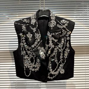 Women's Vests Original Design 2023 Spring Women Sleeveless Suit Jacket Handmade Beads Rhinestone Shoulder Pad Coat Luxurious