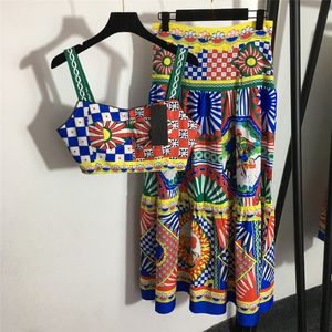 Vintage Print Dress Sling Vest Women Two Piece Classic Luxury Tank Top High Waist Skirts Sets For Party Weding