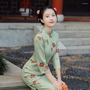 Roupa étnica bordada cheongsam outono 2023 camurça melhorada manga três quartos fenda baixa vestido de menina chinês tradicional qipao para