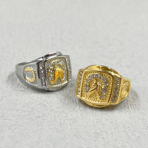 Wedding Rings Gold color Men's Vintage Hip Hop Punk Iced Out Stainless steel with rhinestone Horse Biker Rings for Men Jewelry 230804