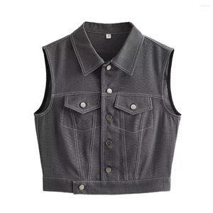 Women's Vests Women Fashion Gray Solid Lapel Vest Single Breasted Front Pockets Sleeveless Casual Female Woman Short Tank Tops