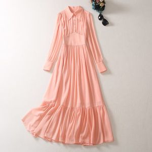 2023 Autumn Pink Solid Color Panelled Dress Long Sleeve Lapel Neck Buttons Midi Casual Dresses A3Q191340 Plus Size XXL