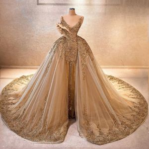 Luxury Overskirts Prom Dresses Sequin Sheer V Neck Formal aftonklänningar med löstagbar tågkvinna Robe de Soiree