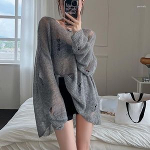 Suéteres femininos Sweet Lazy Hole Hollow Out Sunscreen Tops Women Summer Slash Neck Manga Longa Solta All-match Tricot Pullover