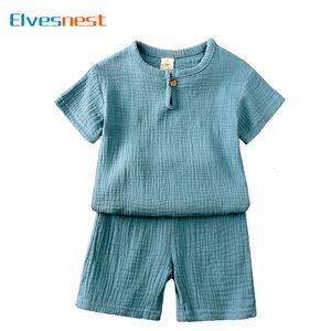 Clothing Sets Cotton Linen Kids Clothes Girls Outfit Summer Boy Clothing Sets Solid Color Short Sleeve Tops Shorts Children Clothing 27 Years 230803