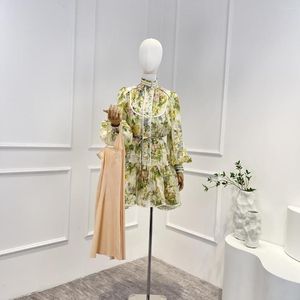 Casual Dresses 2023 Green Floral Printing Silk Linen High Quality Long Lantern Sleeve Buttons Frill Lace-up Woman Mini Dress