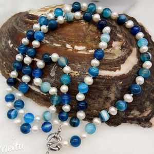 Chains Natural 7-8MM White Akoya Pearl&8MM Blue Striped Agate Round Necklace 18-36"