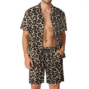 Herrspårar Funky Leopard Print Beach Men Set Black and Tan Casual Shirt Set Summer Printed Shorts 2 Piece Hawaiian Suit Plus Size 2xl