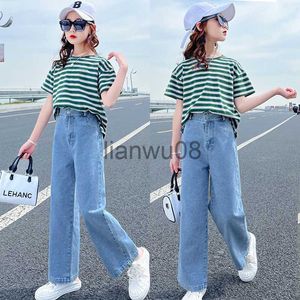 Clothing Sets 2PCS children Sets new 2023 Summer teens Girls Clothes Outfits Kids striped loose Tshirt demin Pants jeans 6 8 10 12 14 Year x0803