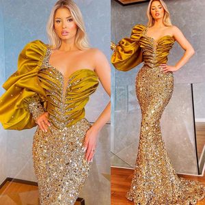 2021 Plus Size Arabic Aso Ebi Lyxig Sparkly Mermaid Prom Dresses Sheer Neck Sequined Evening Formal Party Second Reception Gow3305