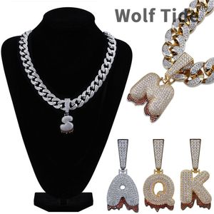 18K Gold CZ Cubic Zirconia Big A-Z 26 Initial Bubble Letter Necklace Blood Drop Pendant Cuban Chain for Men Guys Full Diamond Letters Hiphop Rapper Jewelry Gifts