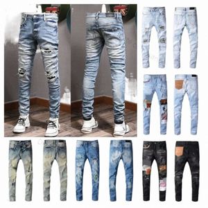 2023 Designer mens jeans hip-hop moda cerniera foro lavaggio jean pantaloni retrò strappato cuciture cuciture uomini design moto equitazione pantaloni slim viola jean viola P1ue #