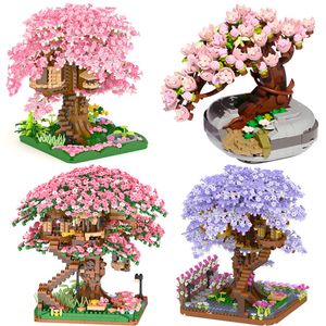 Block Mini Sakura Tree House Build Block City Street View Cherry Blossom Model Building Blocks Diy Toys for Children Toy for Gift 230803