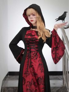 Theme Costume Black red long dress Halloween carnival party role play costume vampire role play ball wizard women's Hoodie square neck Z230804