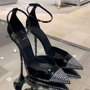 Designer Sandals Womens Dress Shoes Black Platform Heels Rhinestone Embellishments Pointed Toe Buckle-fastening Ankle Strap 105mm High Stiletto Heel Sandals 35-42