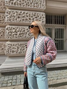 Kvinnors jacka Tryckt Flower Quilted Reversible Cotton Coat Long Sleeve Open Front Two i en höst Vintage Street Ytterkläder 230804