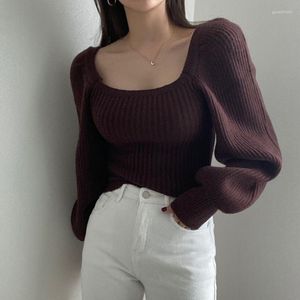 Kvinnors tröjor Sexig pullover Kvinnor 2023 Solid Sticked Warm Top Long-Sleeve Slim Sweater Square Neck Puff Sleeve Temperament 17725