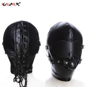 Bondage Bondage BDSM Sex Mask Cappuccio fetish con bavaglio Cappuccio di deprivazione sensoriale in pelle Giochi di schiavi per adulti Giocattoli sessuali a testa piena per donne Uomini 230804