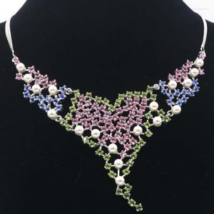 Chains 95x80mm Multi Color Green Peridot Pink Tourmaline Violet Tanzanite Emerald White Pearl CZ Women Gift Silver Necklace 19-20inch