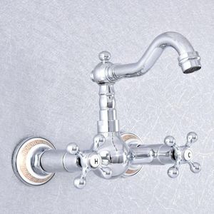 Krany kuchenne Washbasin kran Chrome Mosiądz podwójny uchwyt podwójny otwór na ścianę na ścianie łazienka dorzecza obrotowe mikser Tap 2SF765