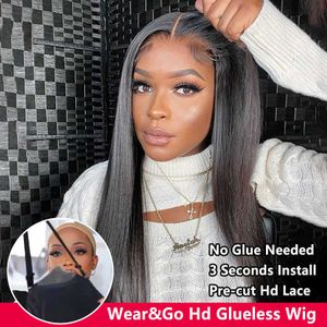 Human Hair Capless Wigs Glueless Preplucked Human Wigs Ready To Wear and Go HD Transparent Bone Straight 4X4 Closure Wig Pre Cut Ni Gel Without Glue x0802