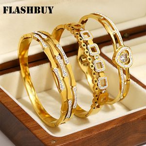 Bileklik flashbuy kakma kristal zirkon kalp bambu paslanmaz çelik bilezikler için kadınlar için cazibe altın renk aksesuarları hediye 230803