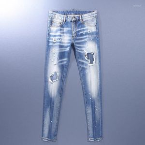 Męskie dżinsowe moda mody retro jasnoniebieski elastyczny rozciąganie szczupła fit podmarowana łatka marka designerska vintage spodnie hombre