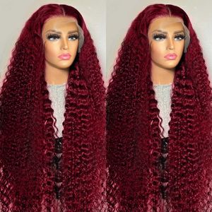 Mänskligt hår Kapslösa peruker 13x4 Deep Curly Spets Frontal Wig Transparent 99J Bourgogne T Part Spets Front Wigs Red Colored HD Deep Wave Human Hair Wigs X0802