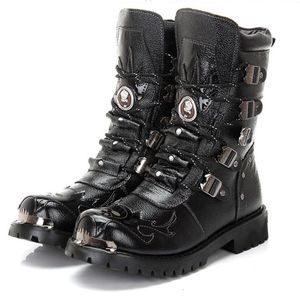 Botlar Kış Men Motosiklet Botlar Moda Orta Salf Punk Rock Punk Ayakkabıları Erkekler Gerçek Deri Siyah Yüksek Üstü Erkek Boot 38-46 230804