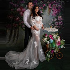 Vestidos casuales elegante encaje blanco volantes tul vestido largo de maternidad a pografía Sexy ver a través de malla mujeres embarazadas fuera del hombro