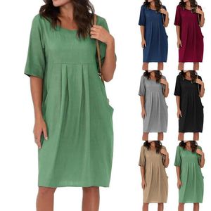 Casual Dresses Ladies Dress 2023 Summer Fashion Cotton Lie Linen Peched Ficka Löst rund hals Kort ärm Kvinnor