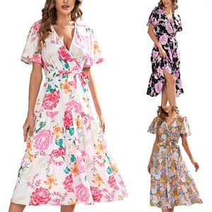 Casual Dresses Women Summer Sexy Deep V Neck Short Sleeve Loose Bohemian Beach Holiday Elegant Temperament Knee Length Dress