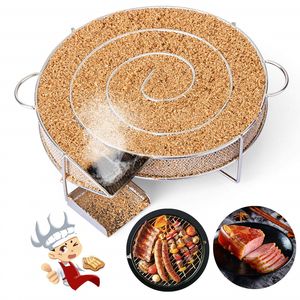 BBQ Tools Accessories Stainless Steel Cold Smoke Generator Round Basket Outdoor Barbecue Charcoal Spice Rack Burn Cooking 230804