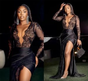 Black Lace Evening Dresses deep V Neck african Long Sleeves High Slit Women Party Prom Dressing Gowns Mermaid Plus Size