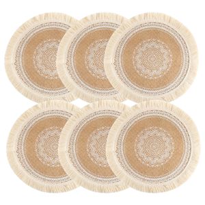 Conjunto de almofadas de tapetes com 6 jogos americanos redondos Boho Corredores de pratos de cozinha para mesa de jantar Mandala Bohemian Burlap Circle 15 polegadas 230804