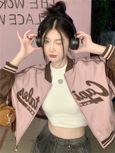 Kvinnors jackor qweek koreansk mode rosa bomberjacka kvinnor överdimensionerade y2k vintage preppy blå zip upp ytterkläder kpop lapptäcke varsity jackor 230803