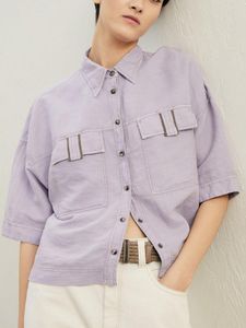 Kvinnors blusar med pärlor Pockets Ladies Purple Short Shirt 2023 Summer Cotton Linen Blend Women Single-Breasted Simple Short Sleeved Blus