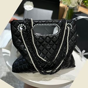 Designer Womens Shoulder Bag Vintage Shiny Calfskin Pearl Handle Handbag Hardware Metal Buckle Underarm Bag Diamond Plaid Matelasse Chain Crossbody Bags 33x27cm