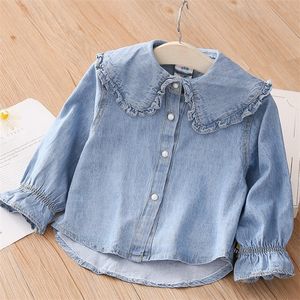 Camisas infantis primavera outono 2 3 4 5 6 8 10 anos roupas infantis turndown pescoço manga comprida blusa jeans para crianças meninas 230803