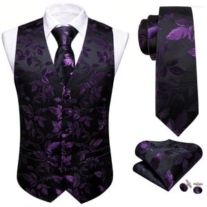 Men's Vests Elegant Silk Purple Black Vest For Men Flower Waistcoat Necktie Hanky Cufflinks Set Formal Business Male Suit Barry Wang