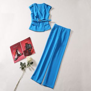 2023 Autumn Blue Solid Color Two Piece Pants Set ärmlös V-Neck Belted Top Long Pants Suits Set Two Piece Suits A3Q191340