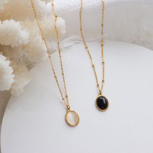 Pendant Necklaces Stainless Steel Jewelry Oval Shaped White Black Opal Stone Necklace For Women Vintage Beaded Chain Choker