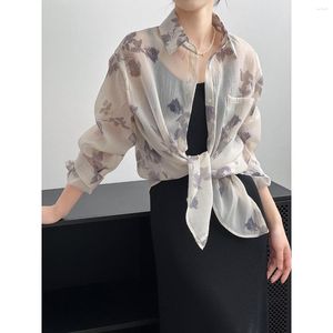 Camicette da donna Camicia vintage a maniche lunghe ampia con bottoni e stampa floreale Velata leggera per l'estate 2023 Primavera a prova di sole