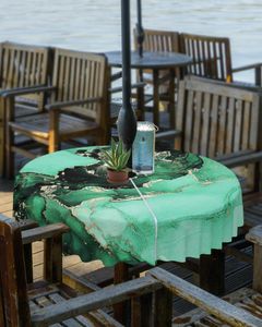 Table Cloth Marble Texture Green Outdoor Tablecloth With Umbrella Hole Zippered Waterproof Picnic BBQs Patio Round Cover