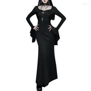 Повседневные платья женские готические черные винтажные платья с длинным рукава