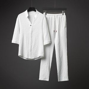 Agasalhos masculinos camisetas e calças terno verão ultrafino gelo algodão linho 2 peças conjunto de moletom grande estilo chinês roupas masculinas preto branco 230804