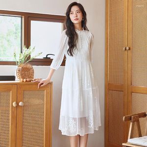 Casual Dresses Mulberry Silk Dress High Quality Design Model Heavy Industry Beads Embroidery Lace Lantern Sleeve Long Women Clothing